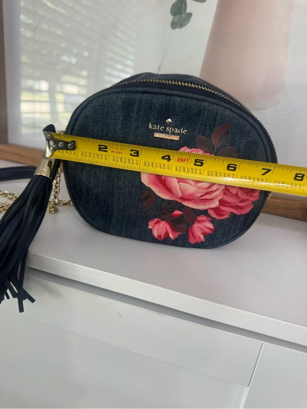 kate spade Black Denim Crossbody with Pink Floral Print and Tassel